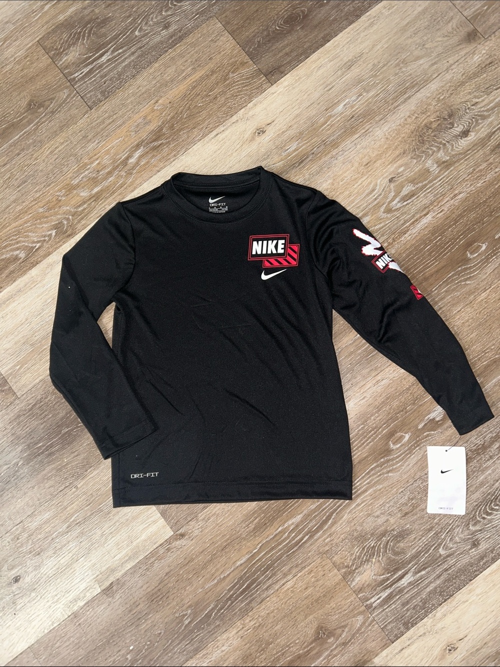 NEW Nike Black Long Sleeve Tee with Red & White Logo Accents